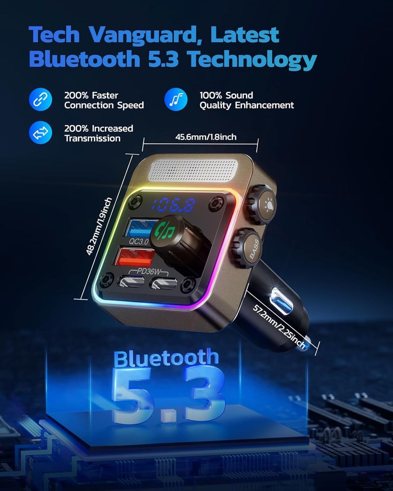 nulaxy 54W Bluetooth 5.3 Car Adapter with 4 Charging Ports [PD 36W & QC3.0 18W], Wireless Radio FM Transmitter with Deep Bass Player & 5 Colors LED Backlit, Hands-Free Calling - Gold - Image 4